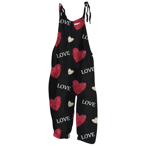Gibobby Mono Corto Informal Mono con tirantes informal retro estampado del día de San Valentín para mujer(Negro, XXL)