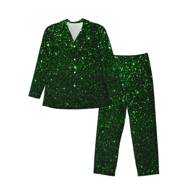 Balery Green Sparkling Pijama para Hombre de Dos Piezas con Manga Larga, Conjunto de Dormir y Descanso Suave con Bolsillos-Large