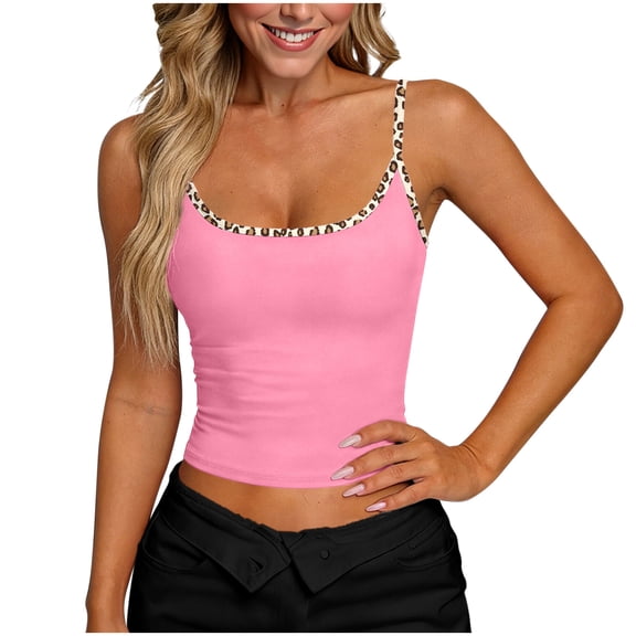 QUNYINEY Crop Women Tank Tops Leopard Print Camisole Tops Crew Neck Slim Fit Sleeveless Summer Going Out Womens Shirts