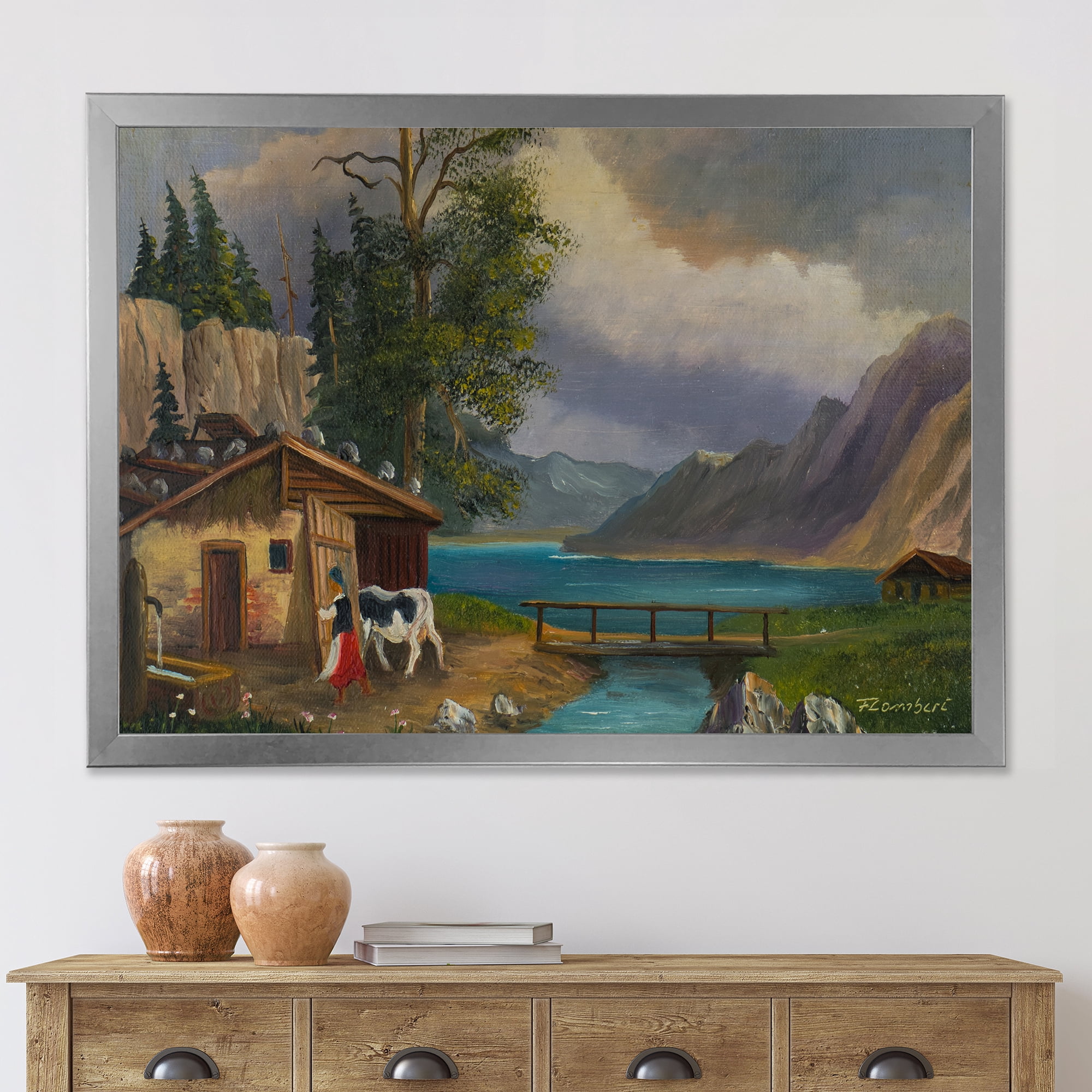 Designart 'Girl Brings The Cow Into The Stable At A Lake' Farmhouse Framed Art Print