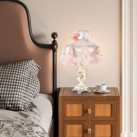 12.2*21.25in Corded Electric Indoor  Princess Style Stained Table Lamp Pink Table Lamp for Living Rooms Bedside Reading