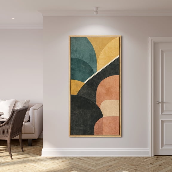 Large Framed Canvas Print Mid Century Geometric Abstract Wall Art Retro Neutral Modern Decorative for Living room Bedroom - 60"x30" Natural Frame