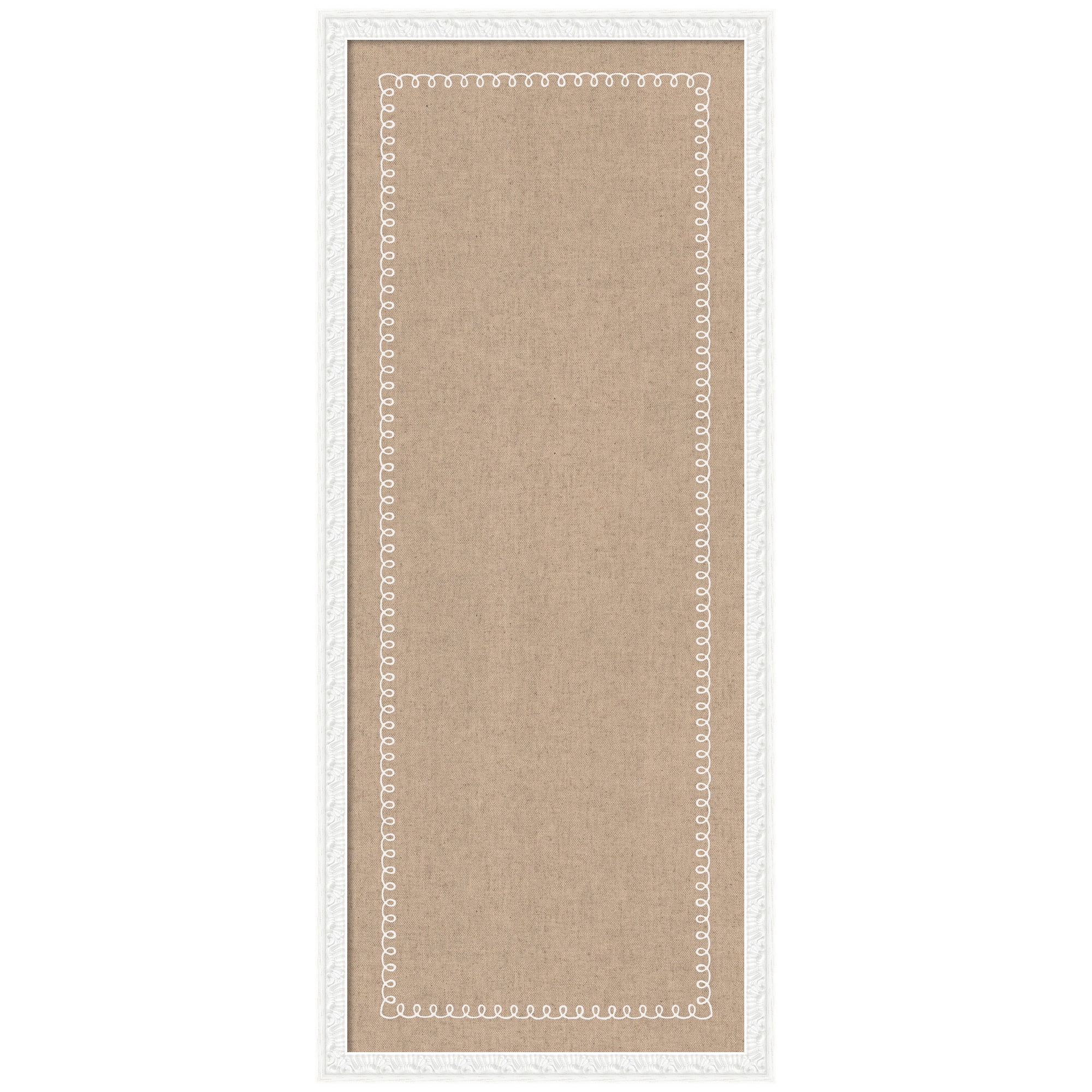 Kate and Laurel Framed Fabric Pinboard 18 x 42, White Scalloped Edge Printed Linen Decorative Bulletin Board for Use as a Vision Board or Wall Organization, Bethany White Frame