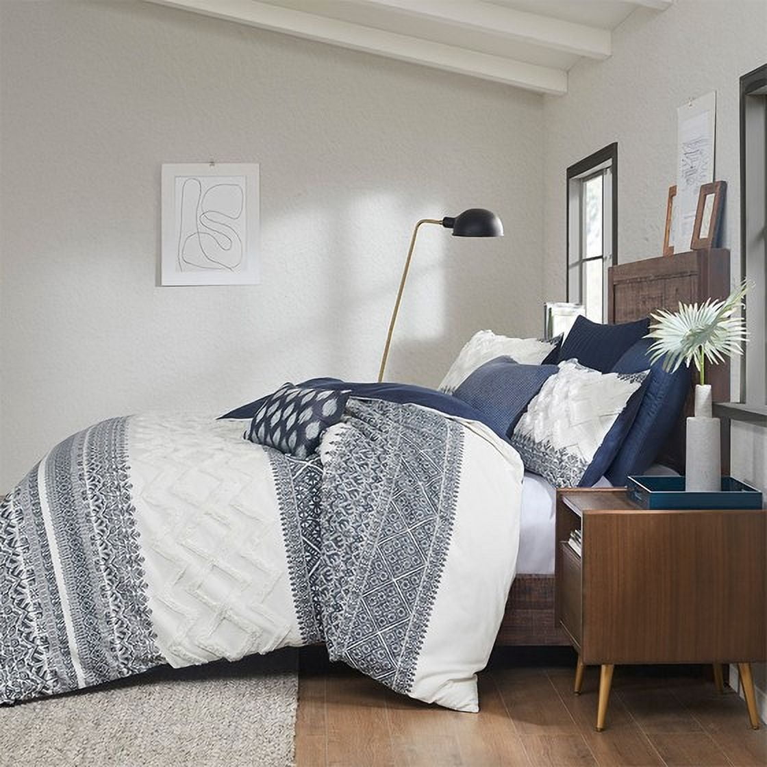 Izzovium Full/Queen 3-Piece Chenille Tufted Duvet Cover Set, Cotton Farmhouse Bedding in Navy/White