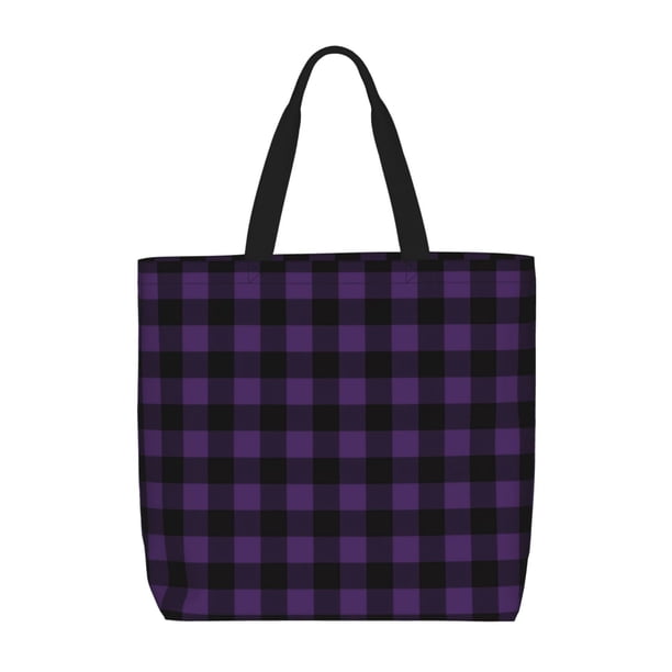 Fotbe Purple Black Plaid Bolsa Tote con Estampado para Mujer, Bolsos con Cremallera, Bolsa de Hombro Casual de Gran Capacidad con Bolsillos Internos
