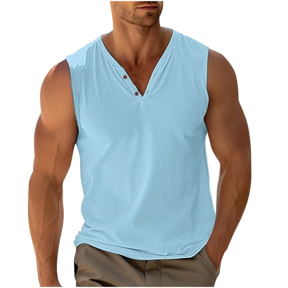 Ohufall Men's Tank Tops Casual Button V-Neck Loose Summer Tanks Sleeveless Lightweight Solid Plus Size Shirts