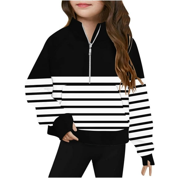Cheap Items Long Sleeve Sweatshirt for Girls Striped Block Shirt 1/2 Zip up Pullover Pocket Shirts Trendy Tops with Thumb Holes