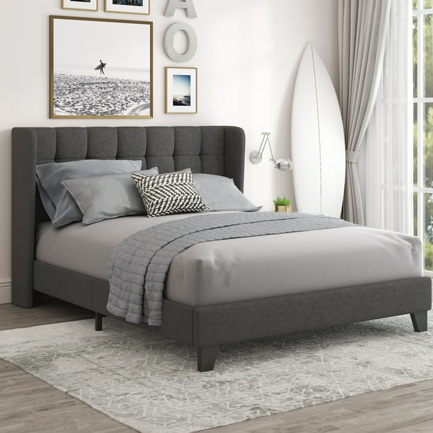 Amolife Queen Size Platform Bed with Wingback Headboard, Mattress