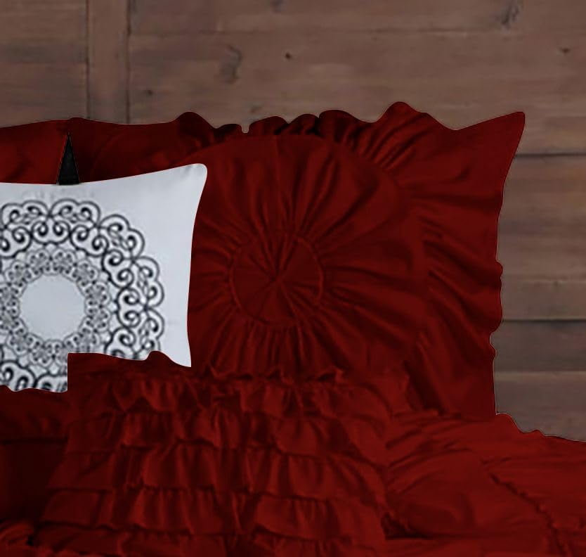 D.N.G. BEDDINGS 100% Egyptian Cotton 3 Piece Circle Ruffle Comforter Set with 1 Freebie Ruffle Pillow | 550 GSM Filled Microfiber - King/Cal-King Size, Burgundy Color - 800 Thread Count
