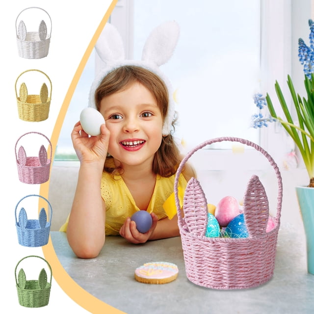 Bolsa de almacenamiento tipo cesta de conejito para Pascua, con orejas largas tejidas para guardar huevos de Pascua, ideal para regalos infantiles, plegable y portátil, de material tejido