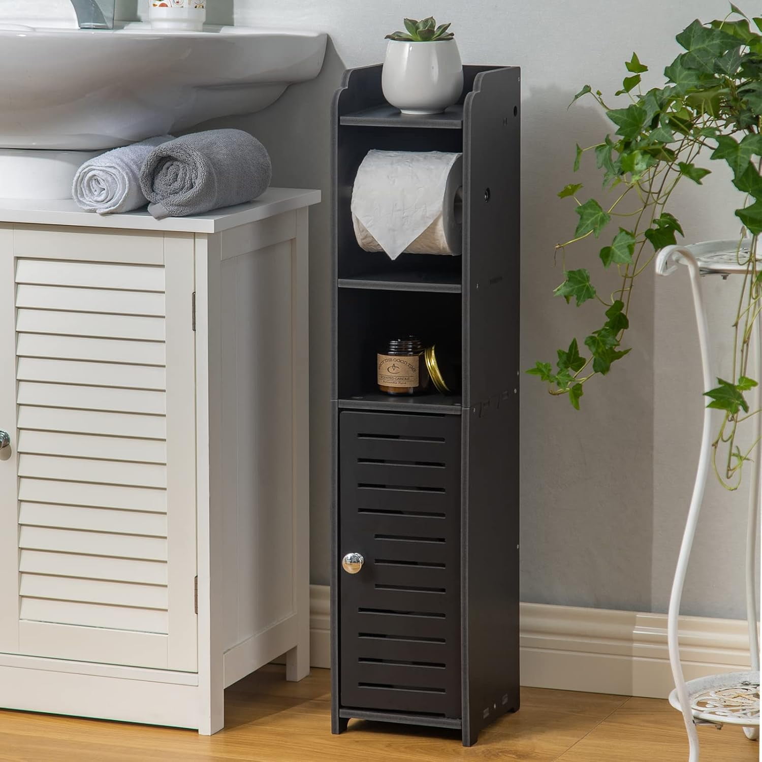 Toilet Paper Holder Stand: Bathroom Storage Cabinet Beside Toilet Storage for Small Bathroom with Toilet Roll Holder - Black