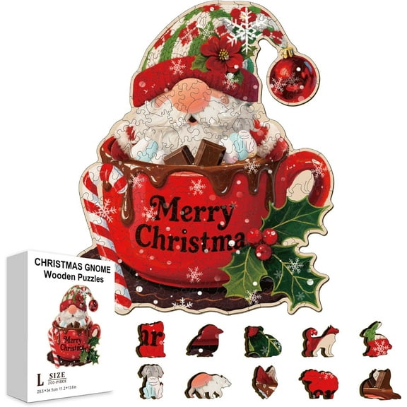 200Pcs Christmas Hot Drink Gnomes Wooden Jigsaw Puzzles for Adults 14.2x11.7inch Merry Christmas Cup Dwarf Colorful Unique Animal Shaped Jigsaw Puzzles for Birthday