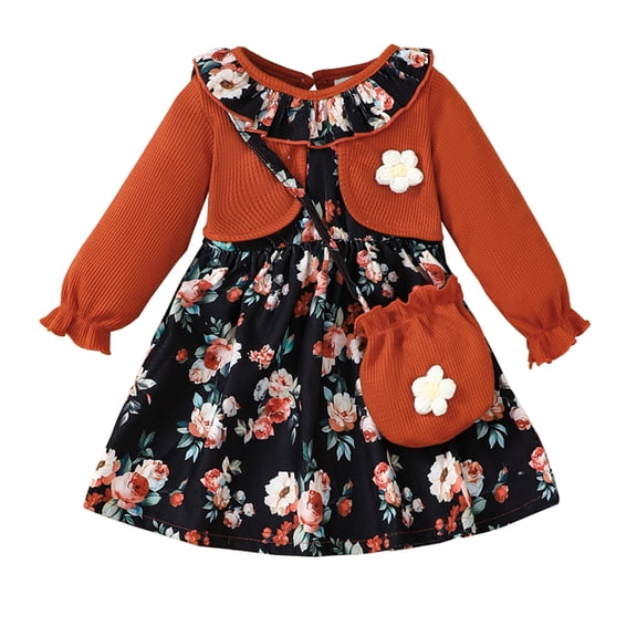 Baby Girls Clothes Infant Girls Floral Dress 3 Months Girls Fall Dress 6 Months Girls Long Sleeve Dress with Cute Bag Brown