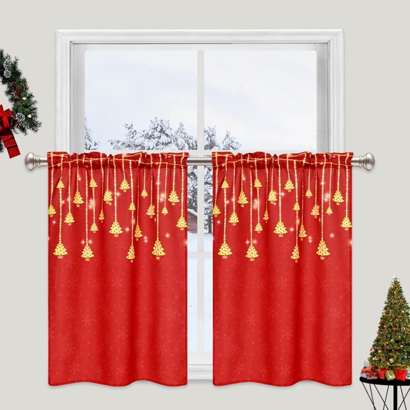 Christmas Tier Curtains for Kitchen - Gold Sparkle Christmas Tree Snowflake Print Window Tier Curtains Rod Pocket Window Treatment Tiers for Cafe Bathroom Bedroom 26''''W x 36''''L, 2 Panel