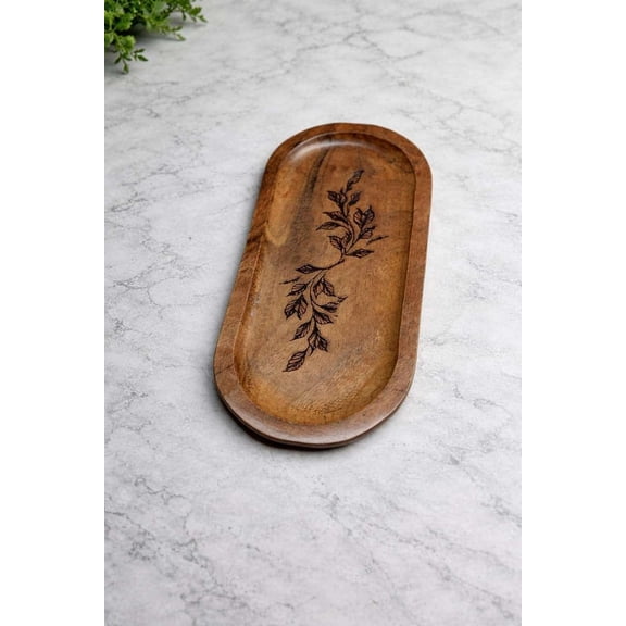 Handcrafted Solid Wood Serving Tray with Floral Design | Oval Wooden Snack, Tea & Jewellery Tray | Multipurpose Kitchen, Dining & Coffee Table Platter | Durable & Elegant (Leaf)