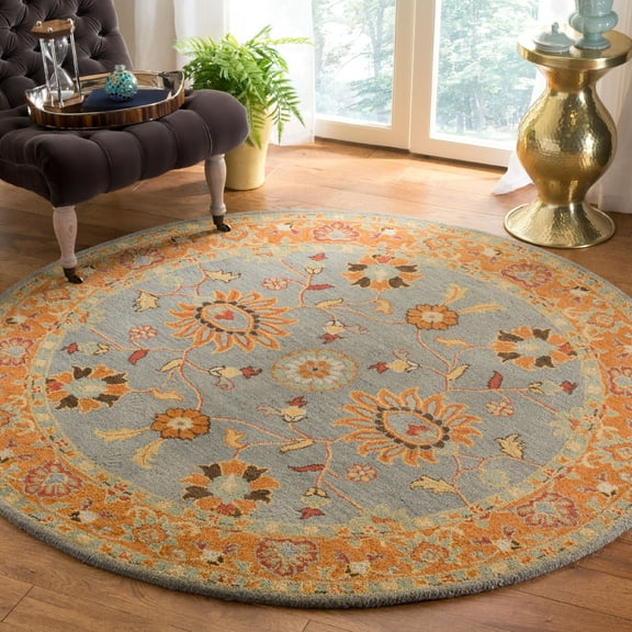 SAFAVIEH Heritage Tenzin Traditional Wool Area Rug, Blue/Orange, 6' x 6' Round