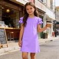 thumbnail image 2 of FAIWAD Girls Ruffle Sleeve Dress Kids Summer Crew Neck Pleated Front Casual Dress Solid Color A Line Sundress, 2 of 8