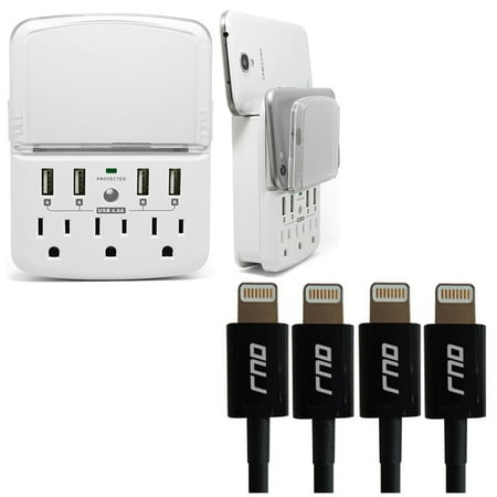 RND Wall Power Station includes 3 AC Plugs and 4 USB ports (4.8A total) with Surge Protection and a slide-out holder and shelf (4-pack 3.2FT Apple Certified Black Lightning Cables included)
