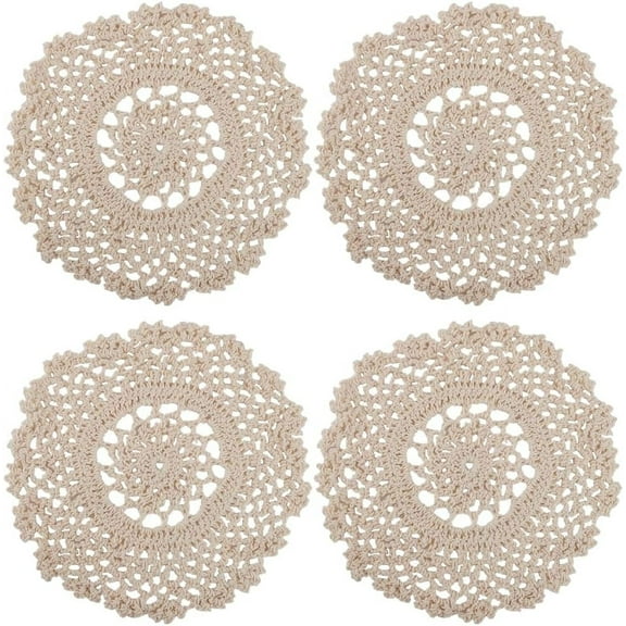 4Pcs Round Cotton Lace Cup Coasters 6.89inch/17.5cm Crochet Table Placemats Vintage Small Handmade Crocheted Doilies Bisque for Wedding Tea Party Table Decoration Dining Room