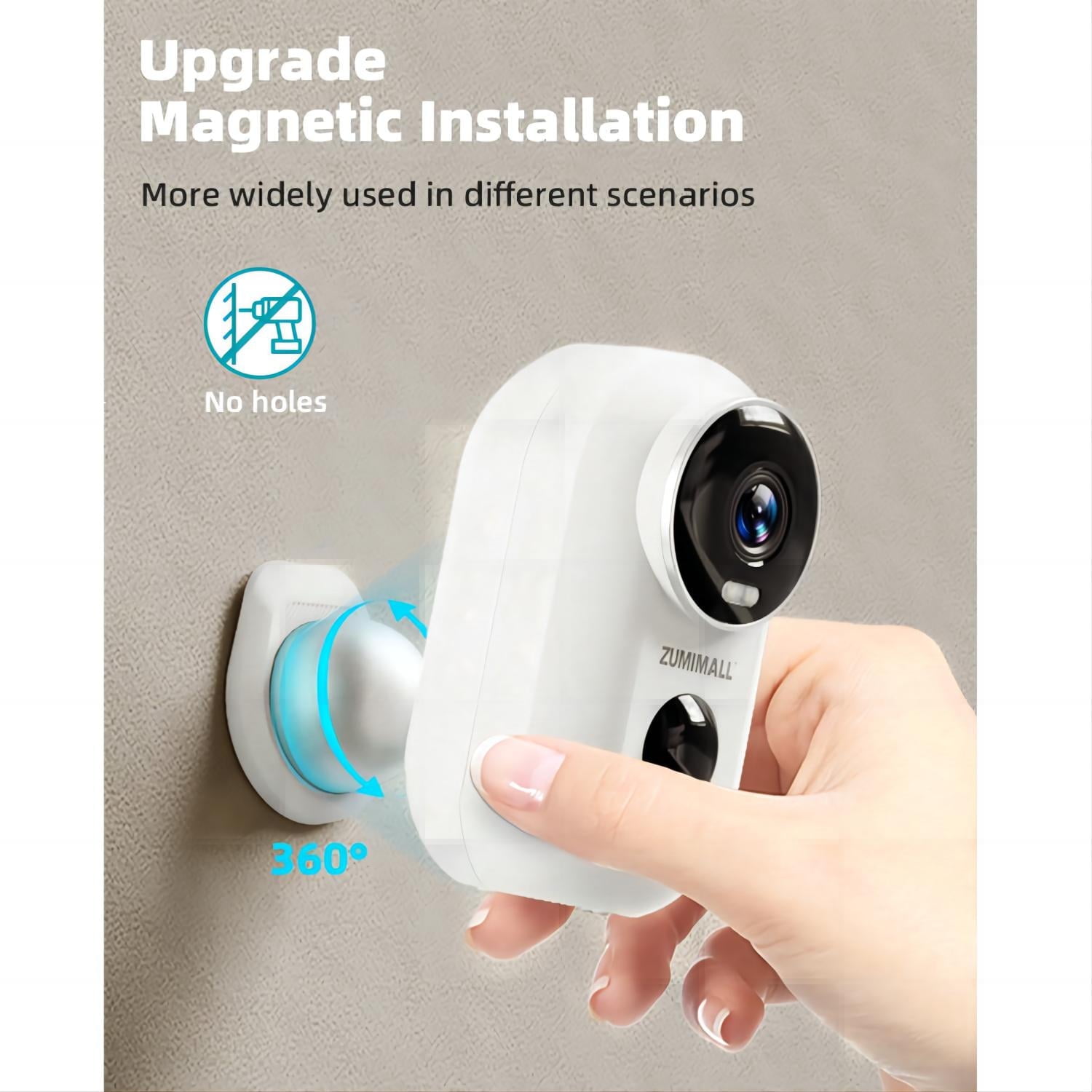 ZUMIMALL Wireless Solar & Battery Powered Security Camera, 2K Color Night Vision, 2.4GHz WiFi for Home Surveillance