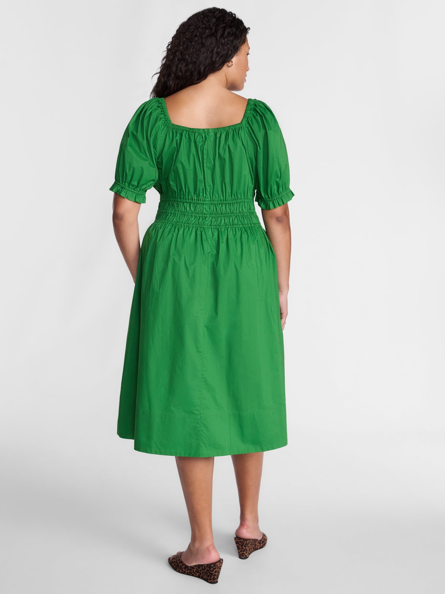 Terra & Sky Women's Plus Smocked Cotton Midi Dress with Short Puff Sleeves, Sizes- 0X-5X