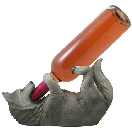 Decorative Gray Wolf Wine Bottle Holder Statue Display Stand For