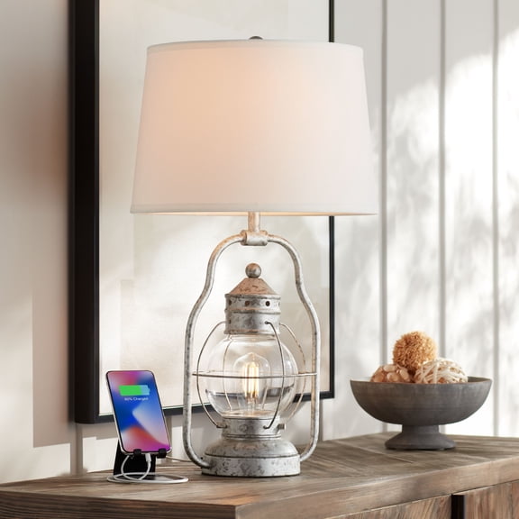 Franklin Iron Works Rustic Farmhouse USB Lamp with Table Top Dimmer and Nightlight LED 26" High Silver Off White Linen Glass Living Room