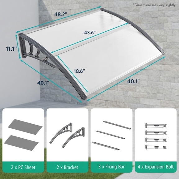 Kadyn 48 in x 40 in Outdoor Door Awning Canopy – Weather-Resistant Polycarbonate & Aluminum Front Porch Cover for Entryway, Patio, or Shop (Gray/Black/Brown)