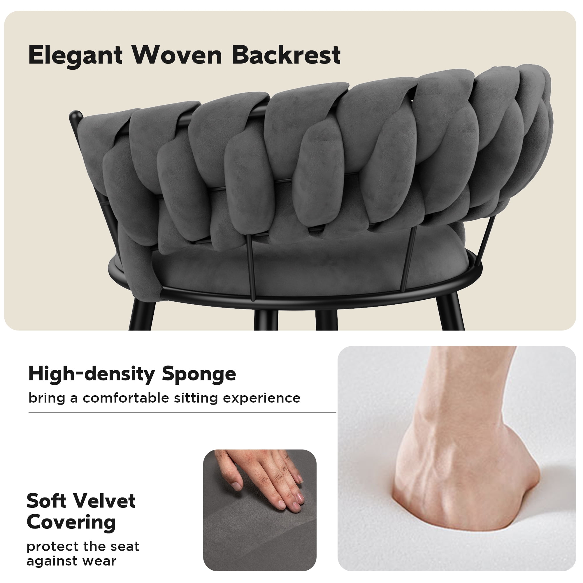 Andeworld 24'' Barstools set of 4, Modern Velvet Bar Stools with Woven Back, Counter Height Barstools with Upholstered Seating, Square Footrest, Grey