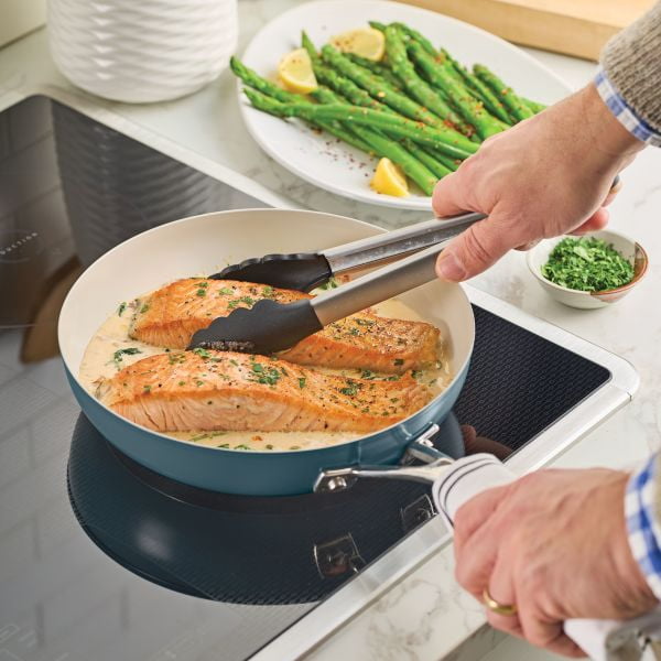 KitchenAid 9.5" Color-Finished Stainless Steel 3-Ply Base Ceramic Nonstick Frying Pan Dishwasher and Metal Utensil Safe, Induction Suitable and Oven Safe to 500°F, Agave