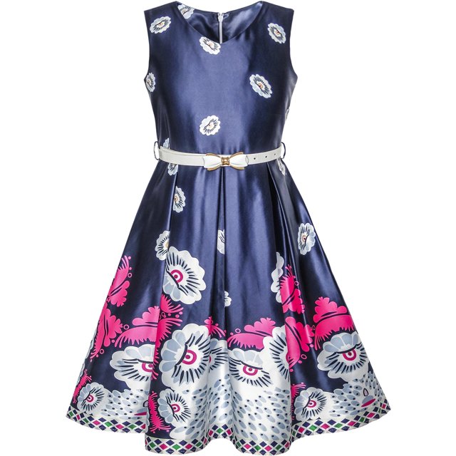 Robe Fille Bleu Profond Ceinture Fleur Vintage Robe de Fête 12 Ans
