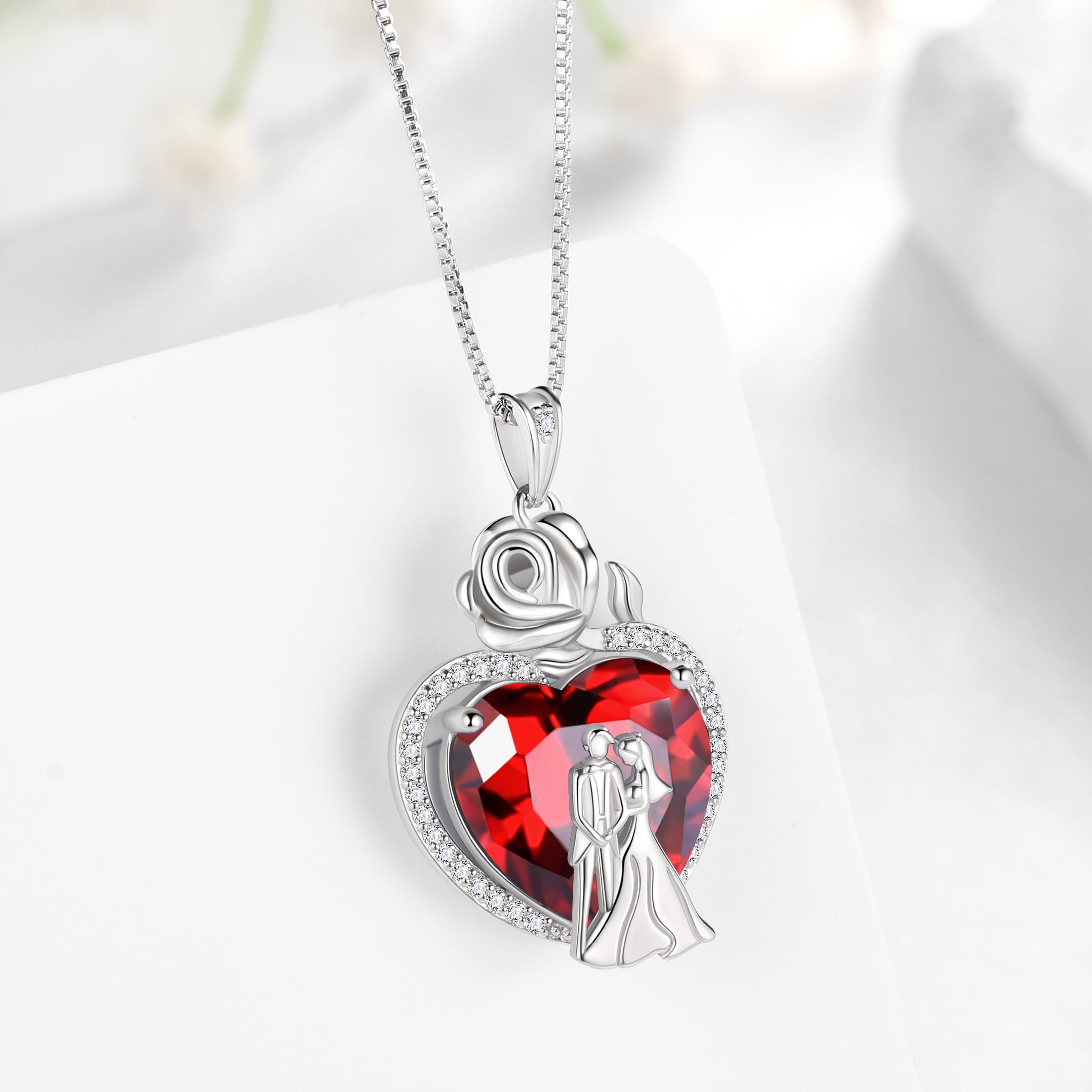 Juwaliy Couple Necklace for Women 925 Sterling Silver 15MM Heart January Birthstone Rose Flower Pendant Promise Engagement Jewelry Valentine's Day Gift for Her Wife Bride