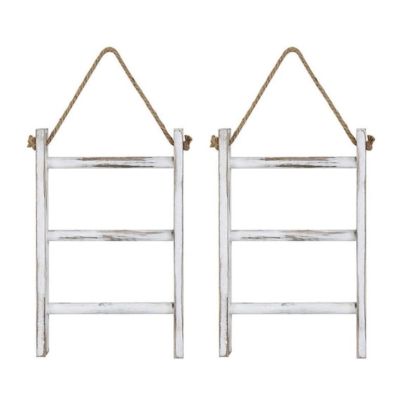 2X Wall-Hanging Towel Ladder Rustic Whitewashed Wood Countertop Ladder Farmhouse Decor Towels Rack with Adjustable Rope