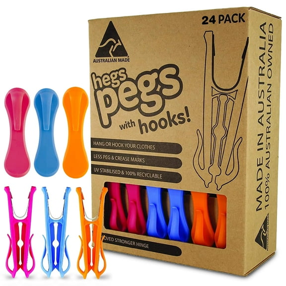 Hegs 24-Count Stainless Steel Clothespins with Hooks, Blue-Pink-Orange. Different colors available!