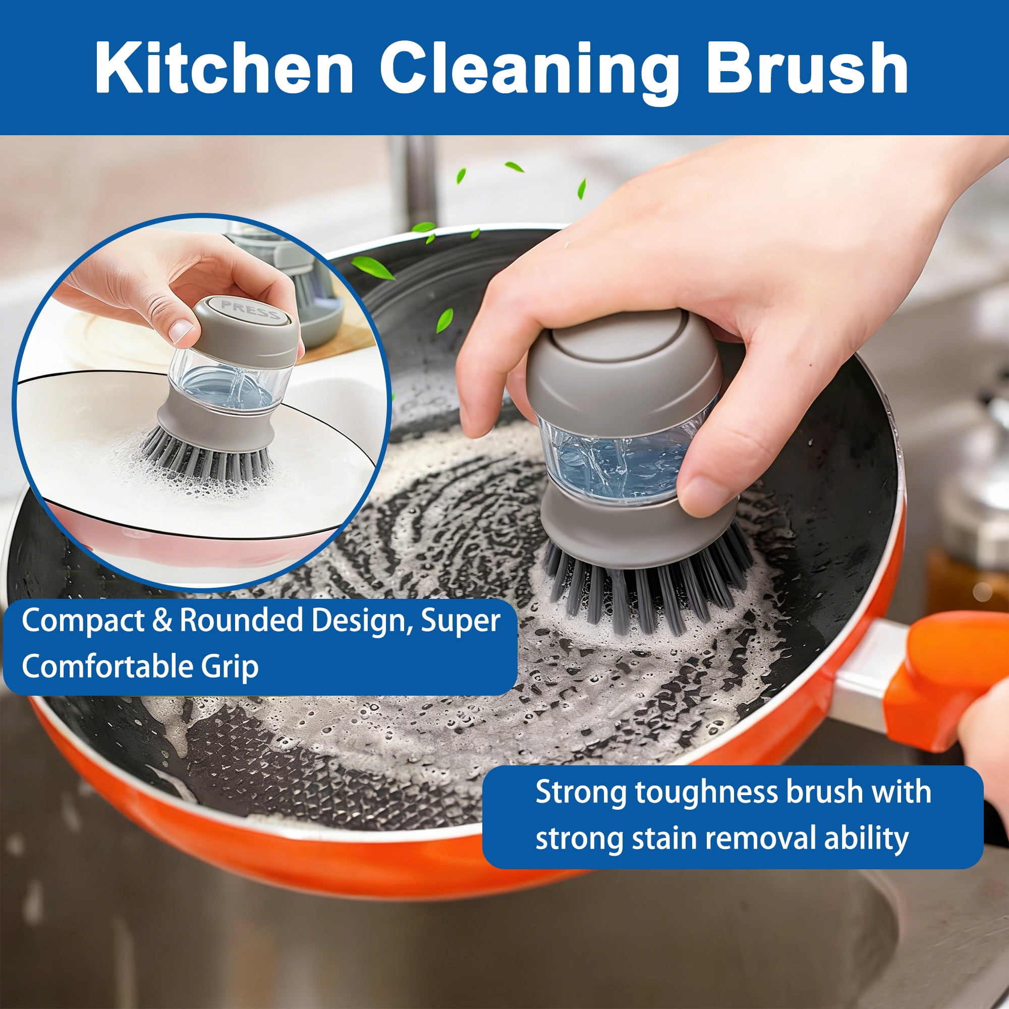 CISILOV Soap Dispensing Palm Brush, Dish Scrub Brush with Soap Dispenser, Kitchen Cleaning Brush with Storage Bracket & Drainage Base, Dish Scrubber for Pot, Pan, Sink, Grey