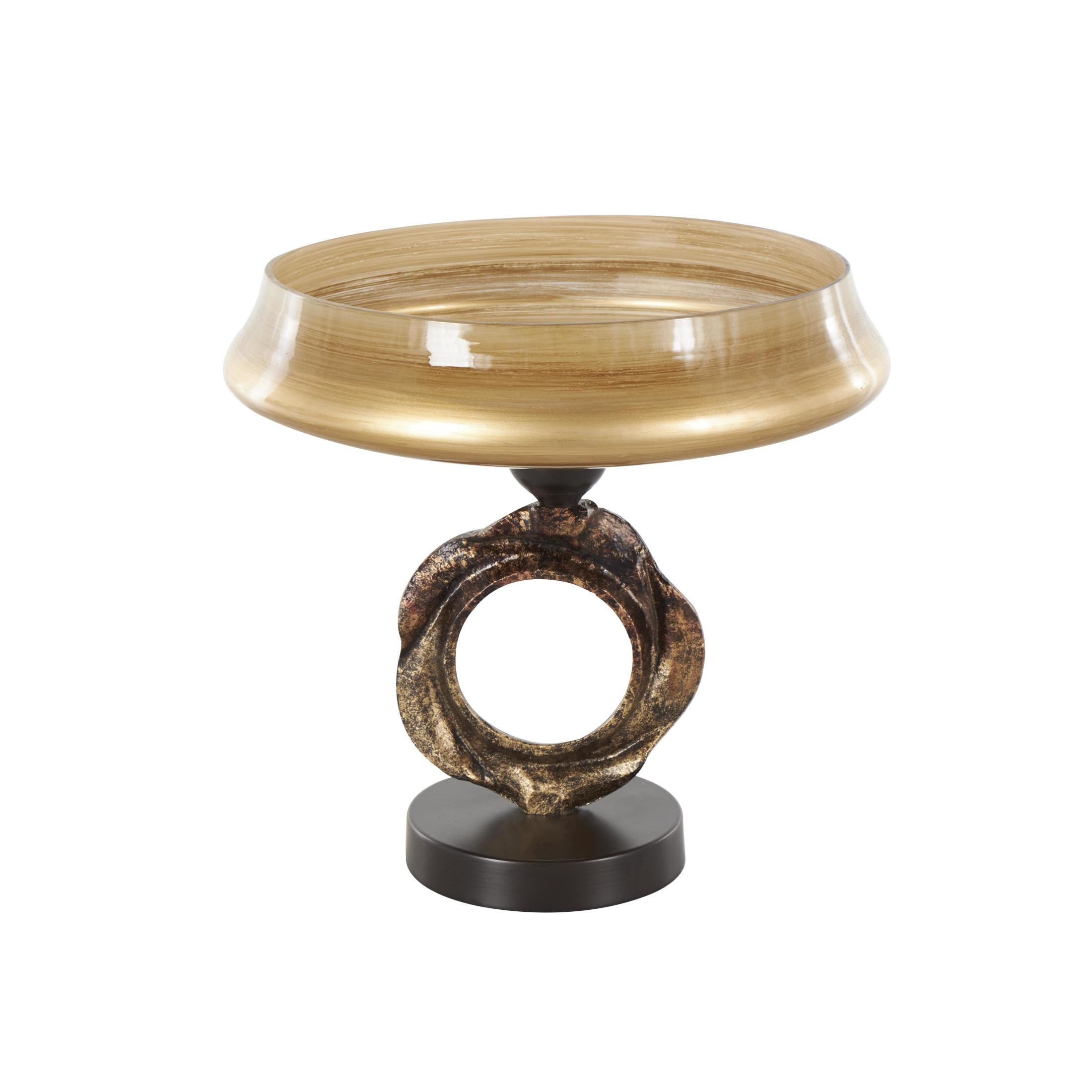 DecMode 12" Round Wide Brushed Brown Glass Decorative Bowl with Textured Bronze and Black Ring Base