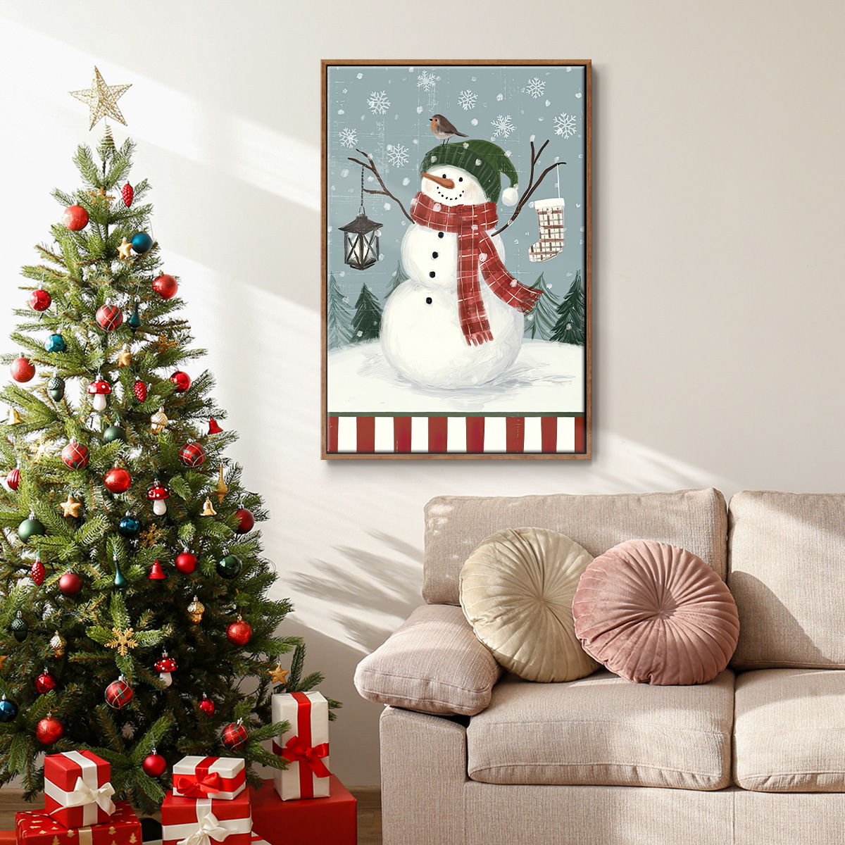 Jolly Snowman Collection B - Framed Gallery Wrapped Holiday Canvas - 17 x 25 - Rosewood Frame