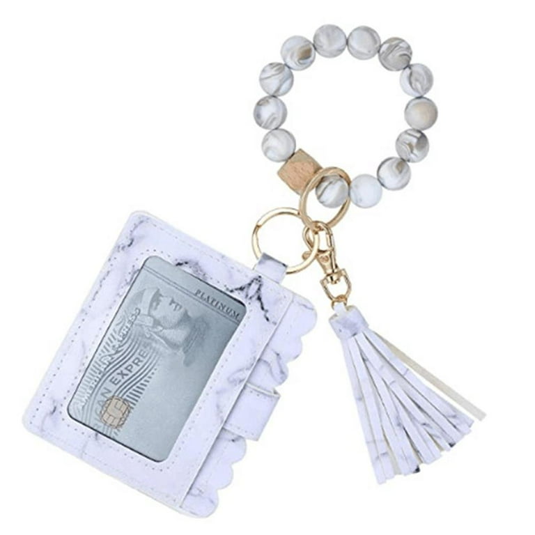 Wristlet Key Ring Lanyard Key Ring Silicone Car PU Tassel Card Case Wallet  Beaded Bracelet With Card for Women and Girls 