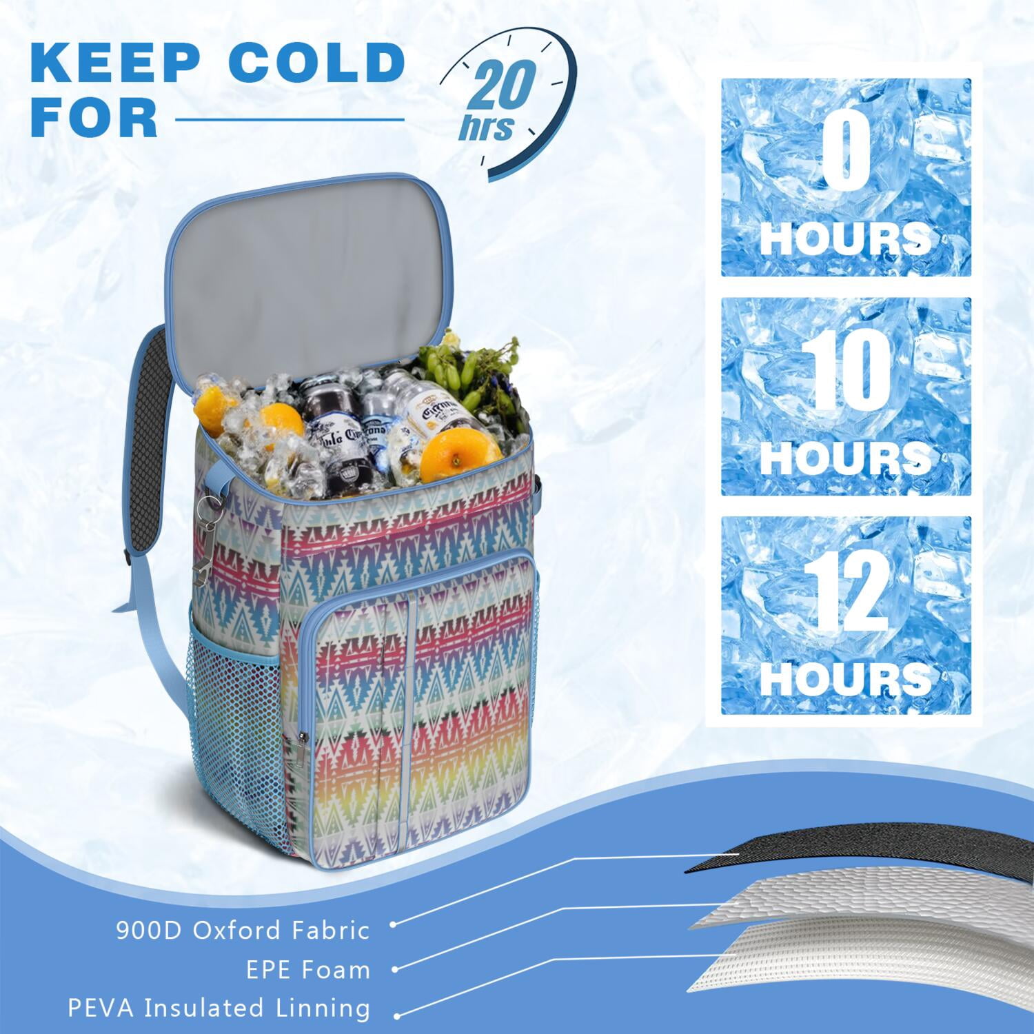 Travel Cooler Bag - Boho Bohemia Pioneer Flower Geometric Line Art Camping Beer Cooler Backpack with Bottle Opener- Waterproof Insulated Picnic Backpacks - Cooler Bag for Beach