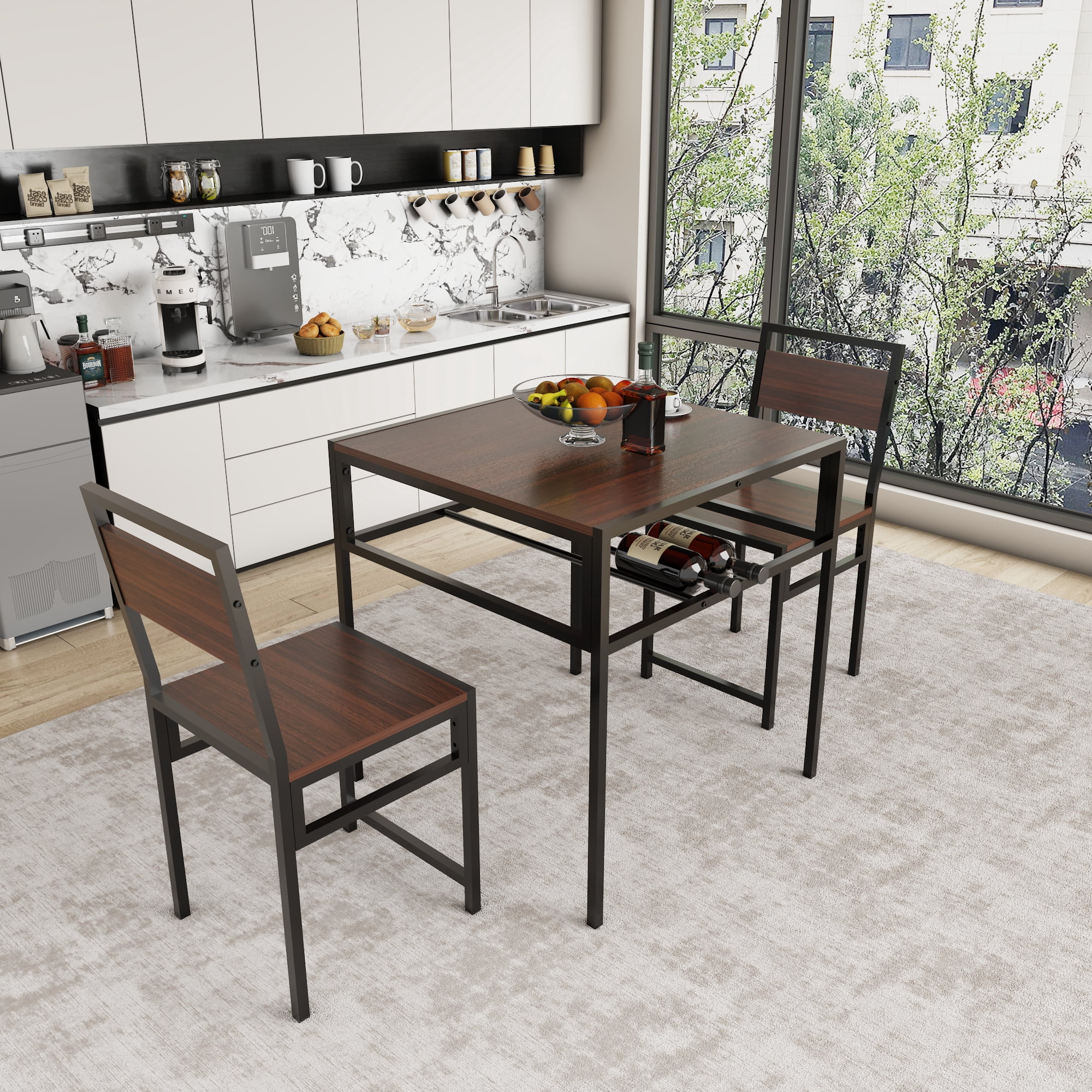 HOQBN Industrial Dining Table Set with 2 Chairs,Small Square Kitchen Table with Storage Rack for Small Space Apartment,Walnut