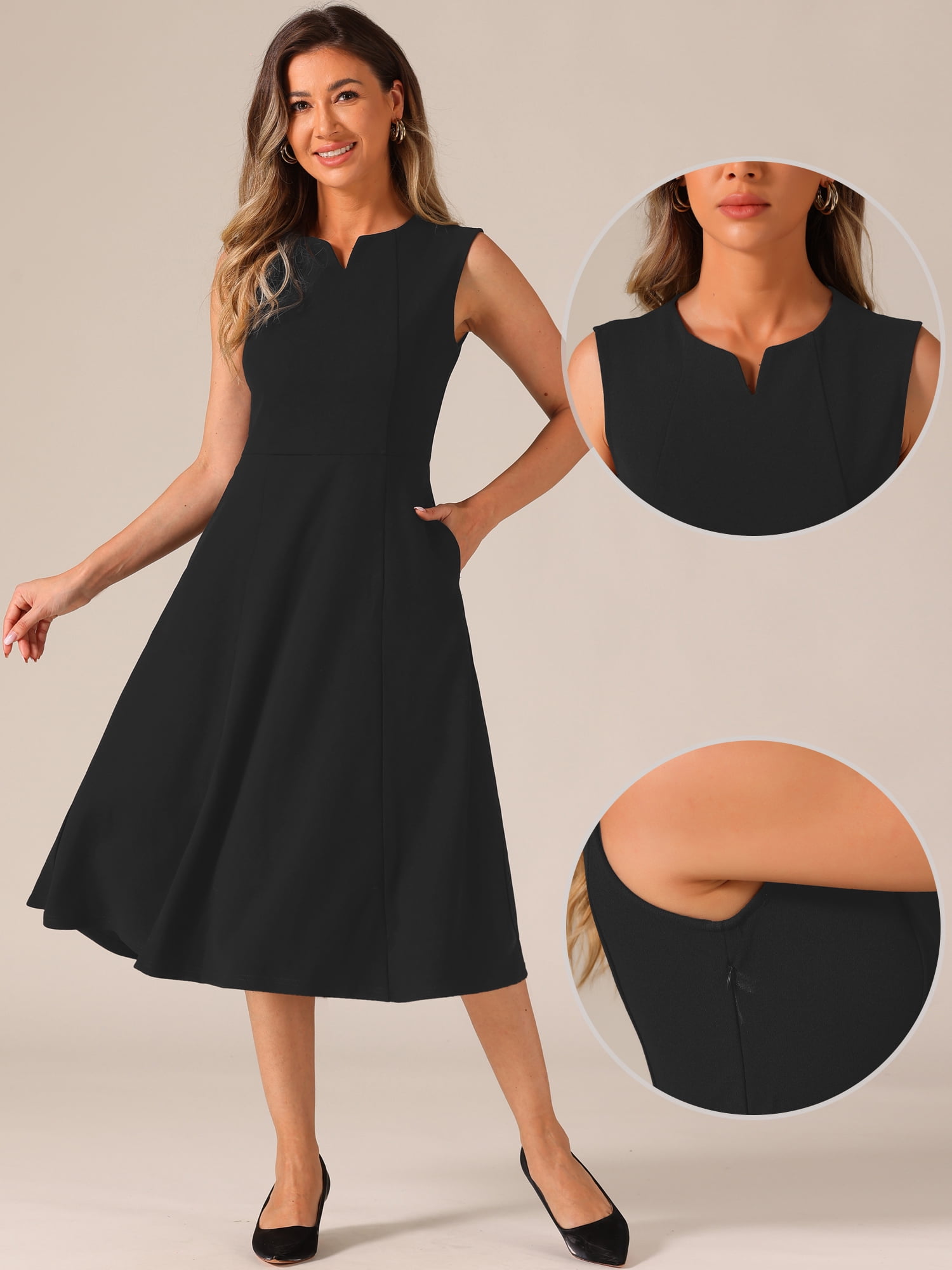 DARING DIVA Notch V Neck A-Line Office Dress S Black