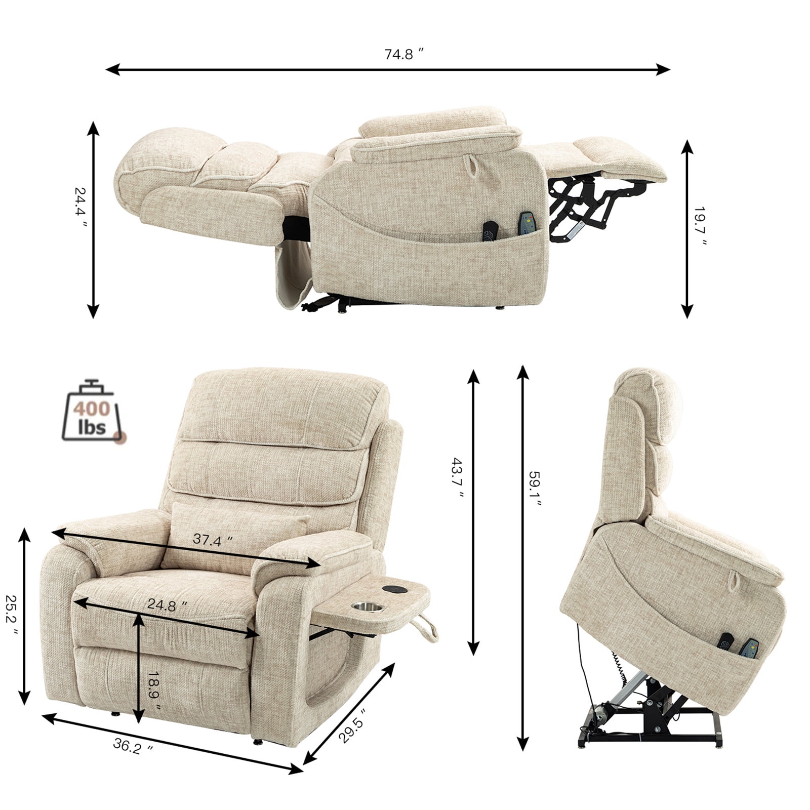LITVZ Large Lift Chairs Recliner for Elderly, Infinite Position Dual Motor Power Lay Flat, Stand Up Recliner Lift Chair with Massage and Heat, Lumbar Pillow, Wireless Charging & Cup Holder