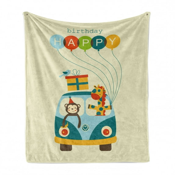 Birthday Party Soft Flannel Fleece Throw Blanket, Blue Hippie Bus with Monkeys Giraffes Balloons Surprise Box Artwork Print, Cozy Plush for Indoor and Outdoor Use, 50" x 70", Multicolor, by Ambesonne
