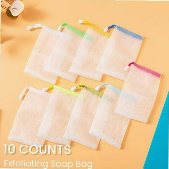 10 Counts Exfoliating Mesh Soap Bag Foaming Net, Face Cleansing Foaming Nets,Scrub Cleansing Soap Bubble Mesh Bags sponge baby natural sponge, White Pouch with Drawstring for Bath & Shower