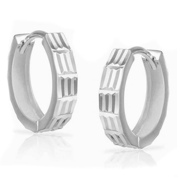Small Elegant Men's Women White Gold Plated 925 Sterling Silver Textured Huggie Click Top Hoop Earrings