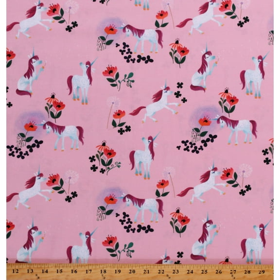 Cotton Unicorns Magical Fairy Tales Little Girls Light Pink Cotton Fabric Print by the Yard (C9981-LTPINK)