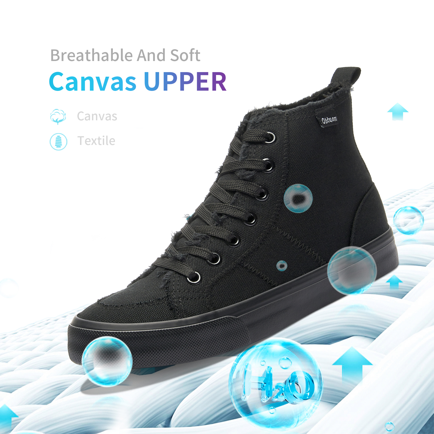 Obtaom Women's High-Top Canvas Sneakers, All Black, Size 8 photo 2