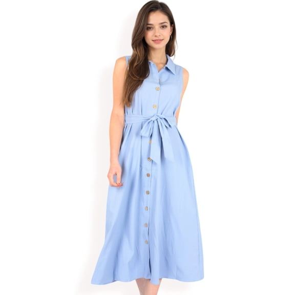 Women's Sleeveless Button-Down Midi Dress with Waist Tie and Collared Neckline- Blue,Large