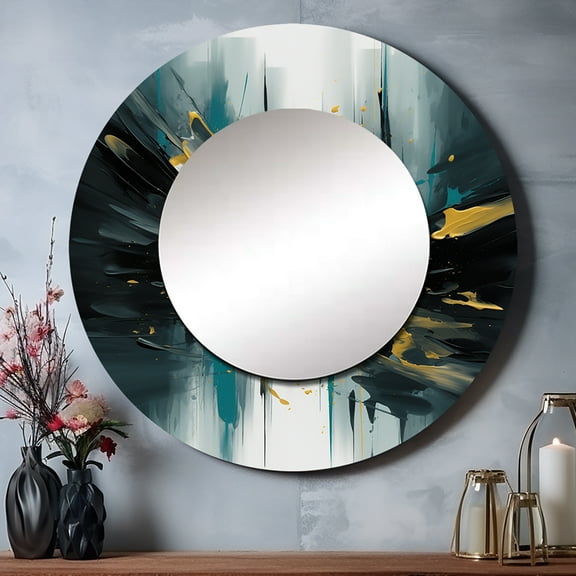 Designart "Essence Of Modernity Yellow and Green I" Modern Geometric Yellow Large Round Mirror - Round Bedroom Mirror Wall Decor - Modern Round Printed Mirror - 23" x 23"