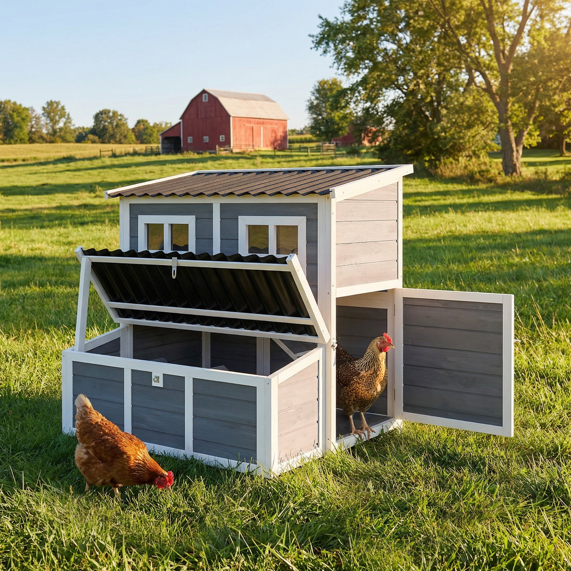 PawHut Wooden Chicken Coop, 39" Chicken House with Nesting Box, Pull-Out Tray, Waterproof Roof, for 2-4 Chickens, Rabbits, Light Gray
